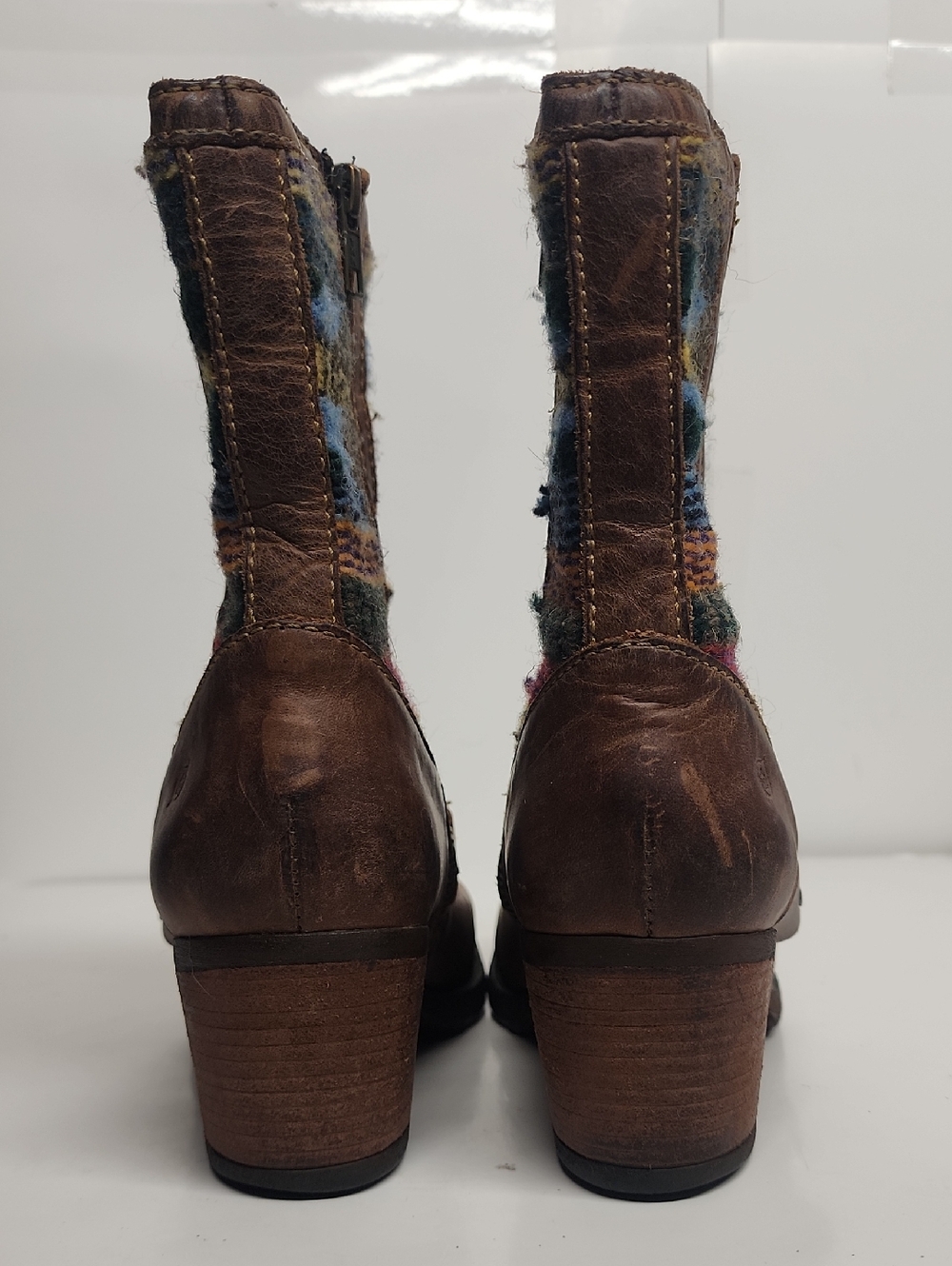 Distressed Born Brown Leather Mid-Heel Ankle Boots  Multicolor Knit Shaft 8.5/40 - Picture 5 of 13